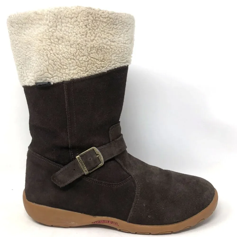 MERRELL Mimosa Harvest Suede Boots Kids Girls US 5 Brown Buckle Sherpa Winter